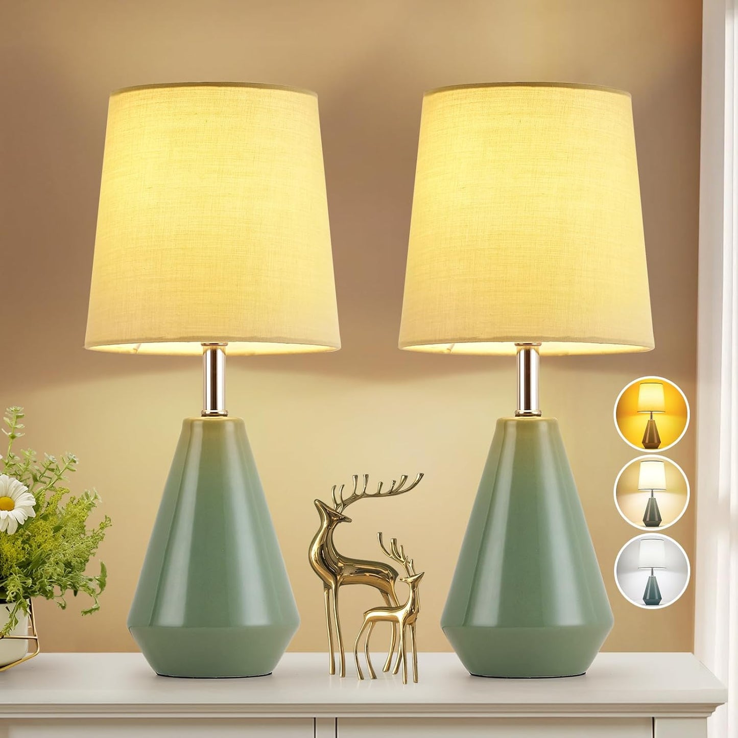Small Bedside Table Lamp Set of 2 with 3 Color Temperatures