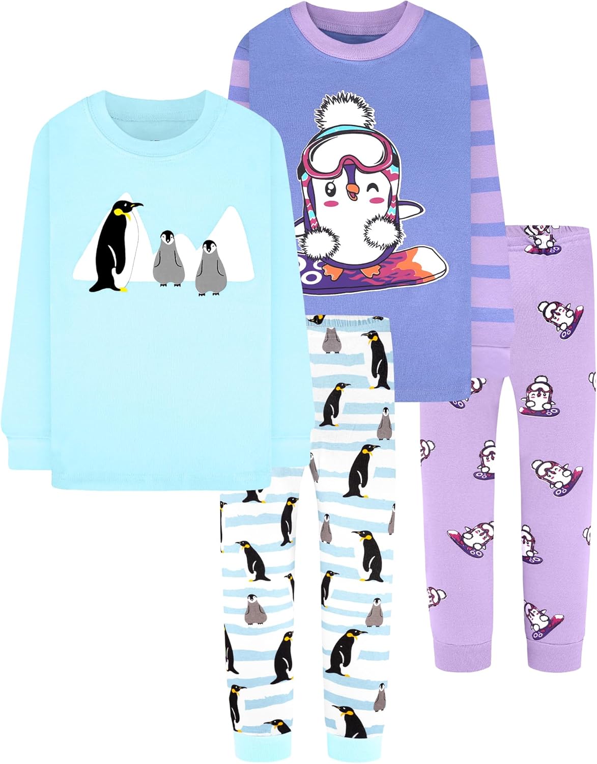 Girls Cotton Pajamas Set 4 Pieces for Ages 18 Months to 12 Years