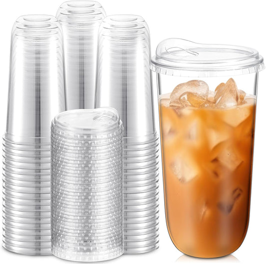Baderke Clear Plastic Cups with Strawless Sip Lids for Drinks