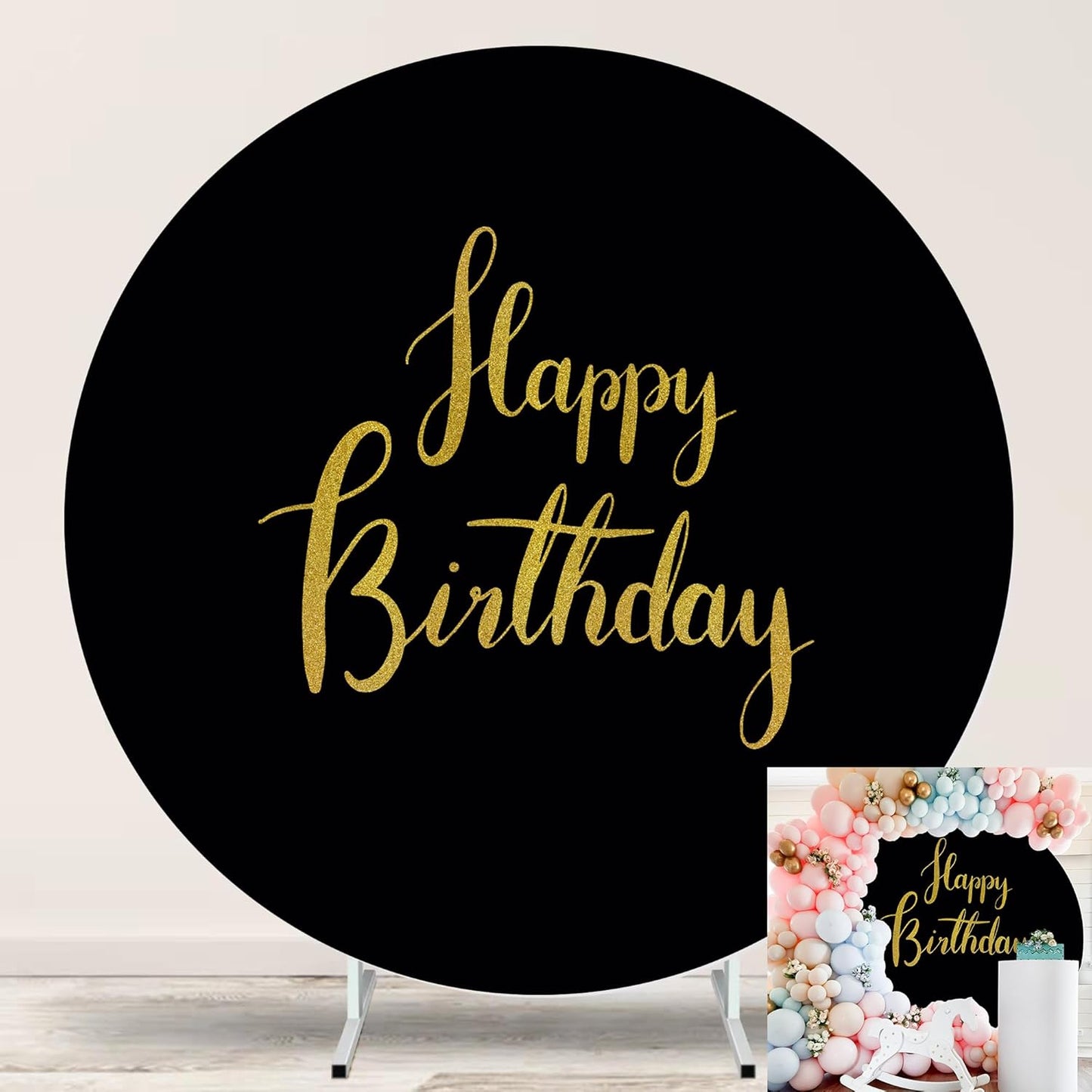 Gold Happy Birthday Black Round Backdrop Cover for Parties