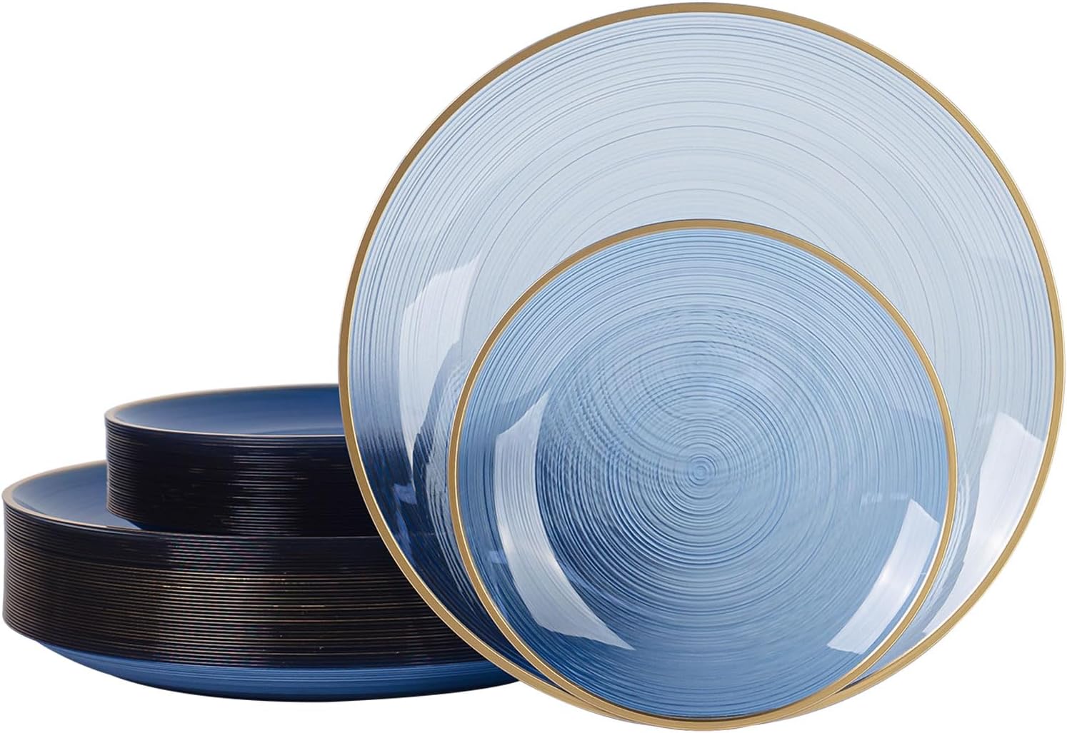 80pcs Clear Blue Plastic Plates with Gold Rim for Events
