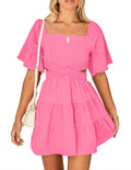 Women's Summer Dresses Square Neck Casual Short Sleeves Mini Dress