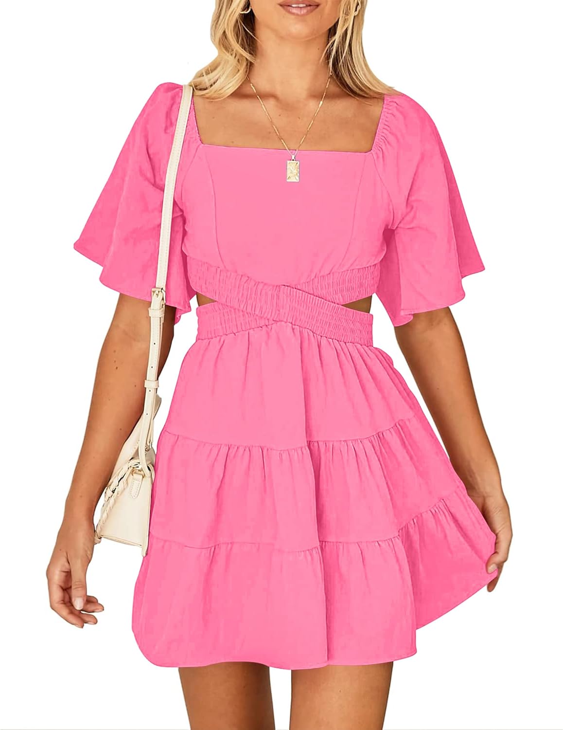 Women's Summer Dresses Square Neck Casual Short Sleeves Mini Dress