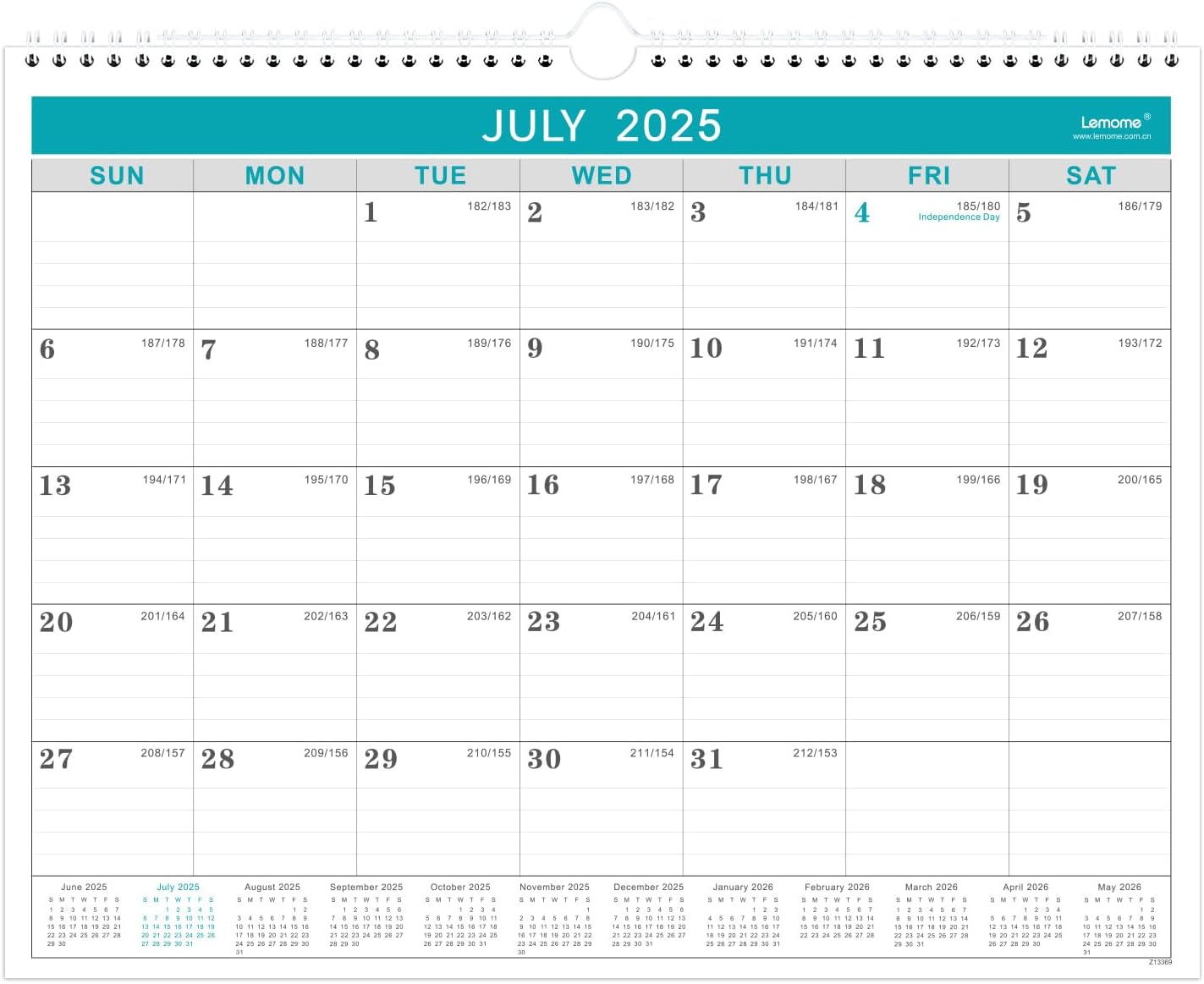 2025-2026 18-Month Wall Calendar, Jul 2025-Dec 2026, Julian Date, Lemome