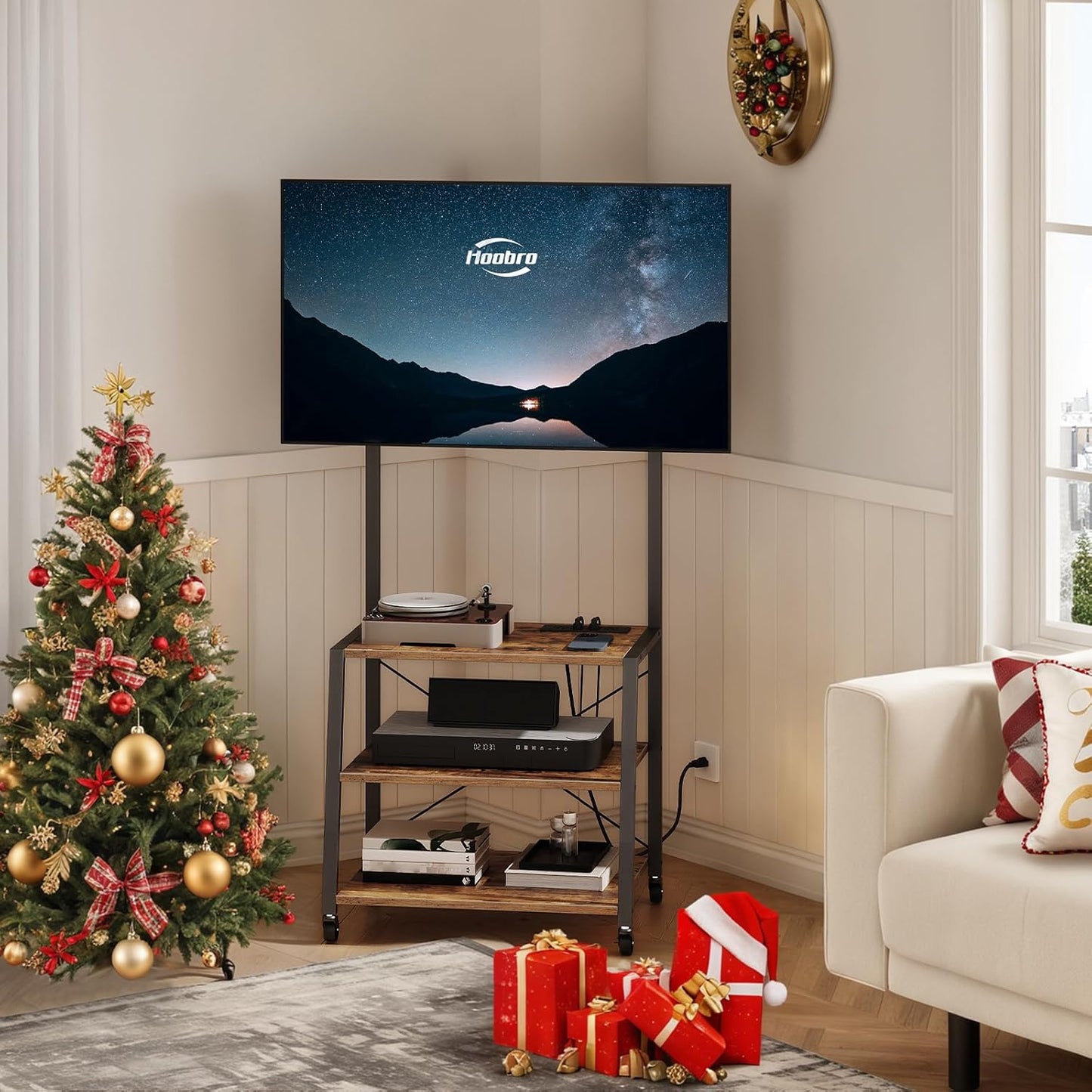 HOOBRO 55 Rolling TV Stand: Corner Entertainment Center & Storage