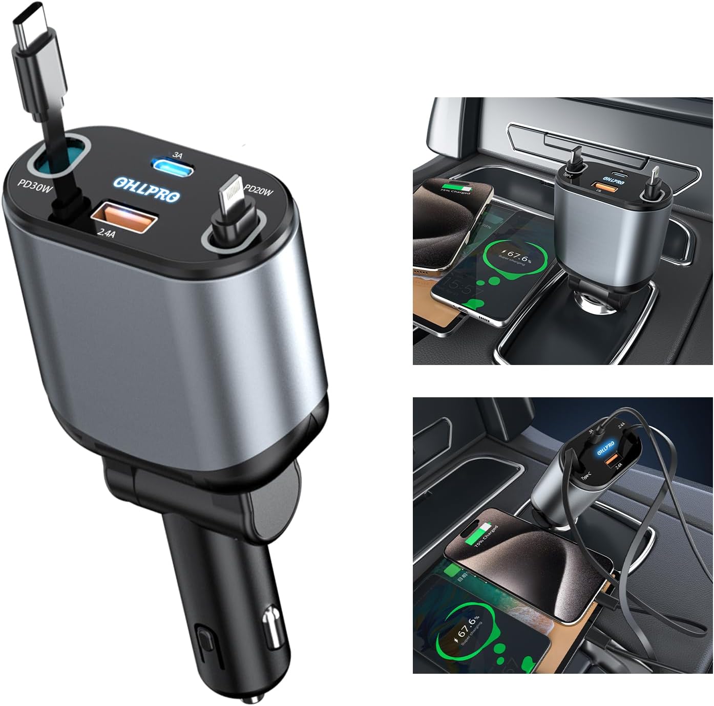 OHLPRO Retractable Car Charger: 80W Fast Charging
