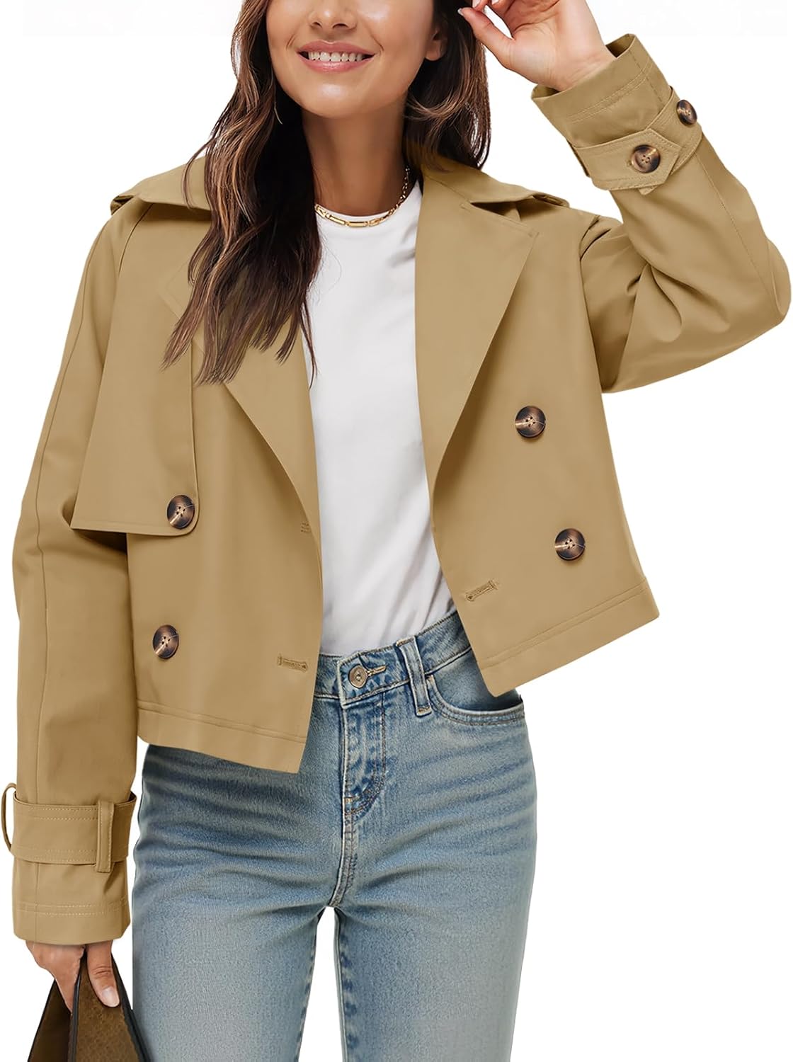 Cropped Trench Coat for Women - Stylish Double Breasted Jacket