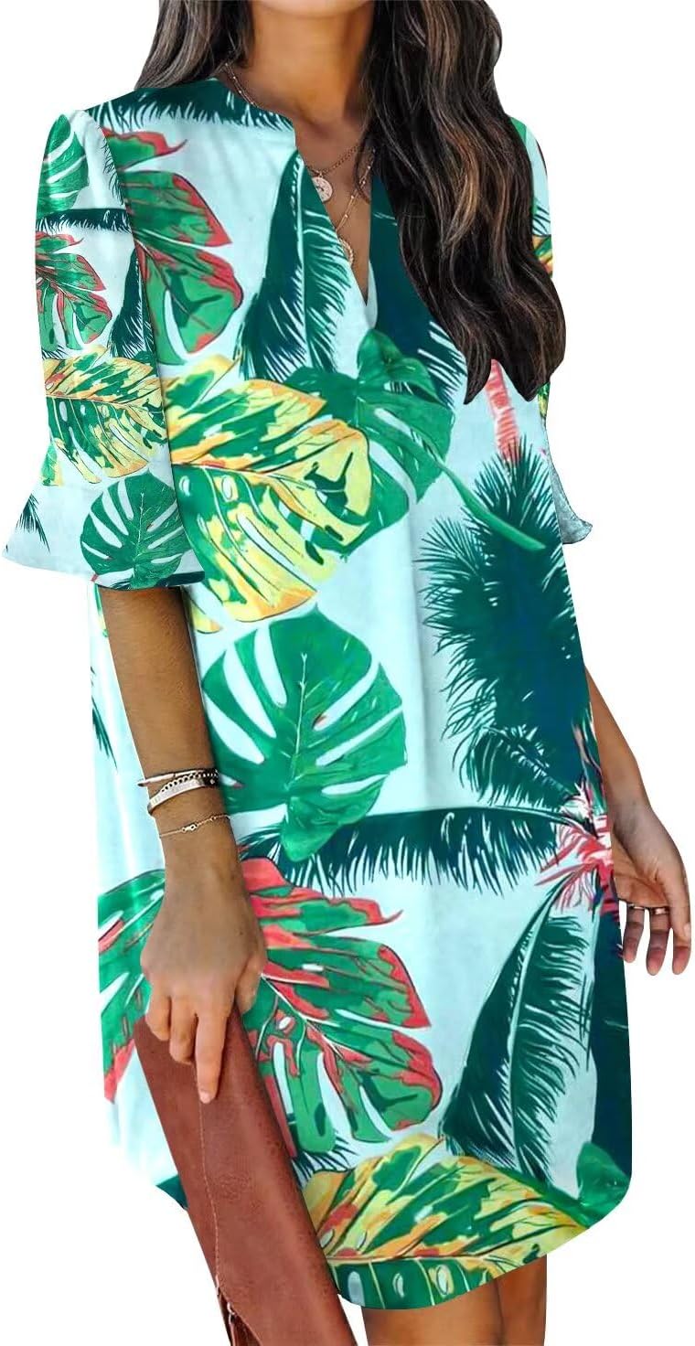 QACOHU Summer Dresses for Women V Neck Ruffle Casual Shift