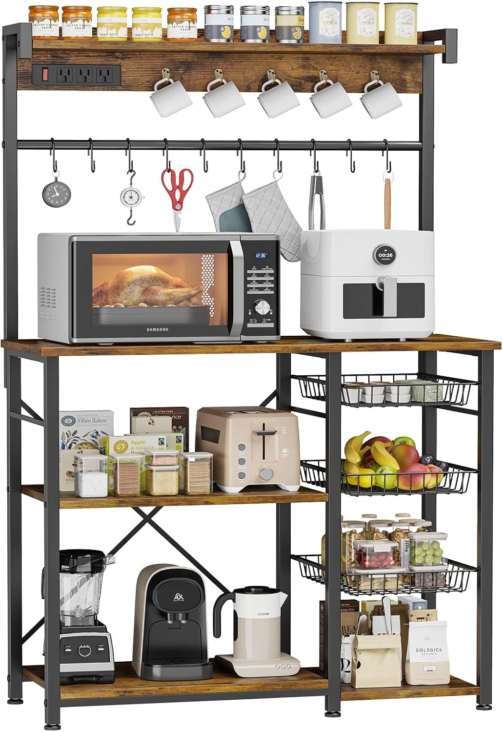 Rustic Brown Kitchen Rack w/ Power Outlets - Organize in Style!