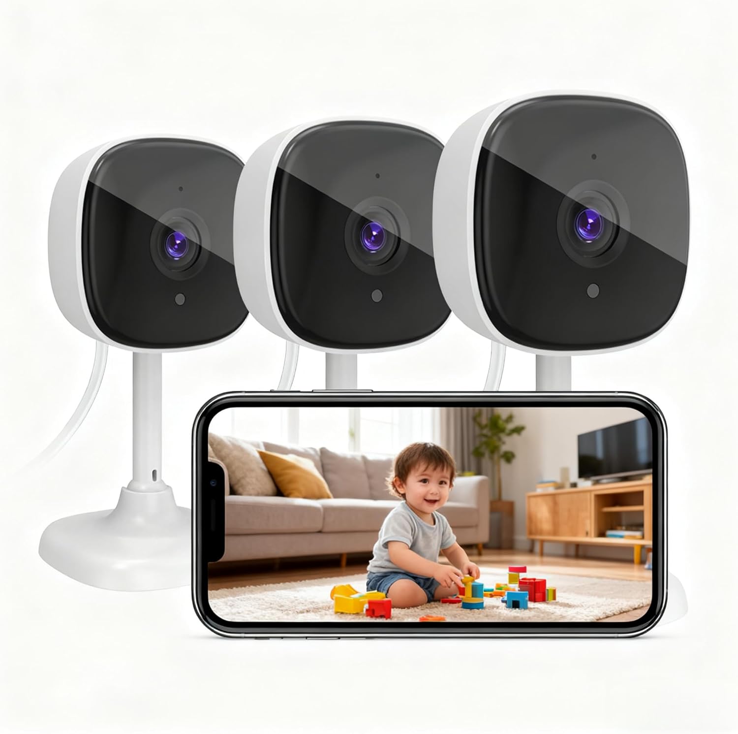 3 Pack Indoor Security Camera with AI Motion Detection & Night Vision