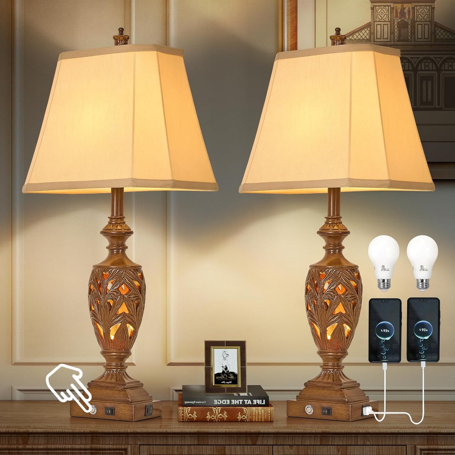 29.5in Touch Control Traditional Table Lamp with USB Ports