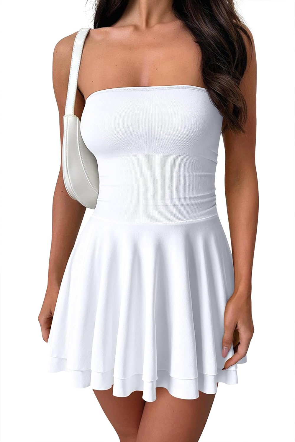 OQQ Women's Mini Dress Summer Cocktail Tube Ruched Waist Ruffle