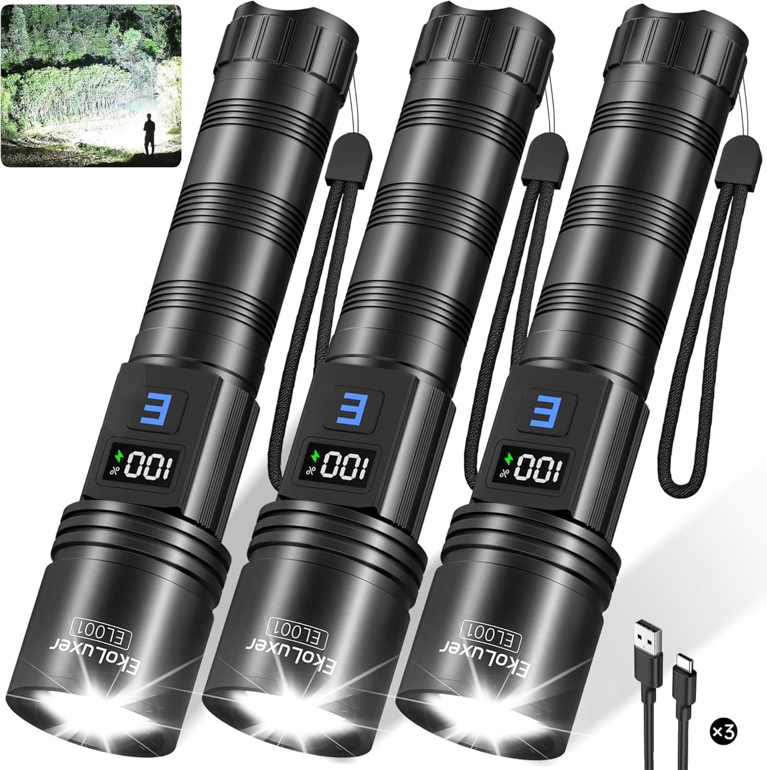 3Pack Rechargeable Flashlights with 990,000 High Lumens Power