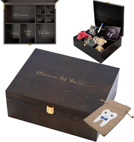 Wooden Baby Keepsake Box with Tooth Fairy Holder for Memories