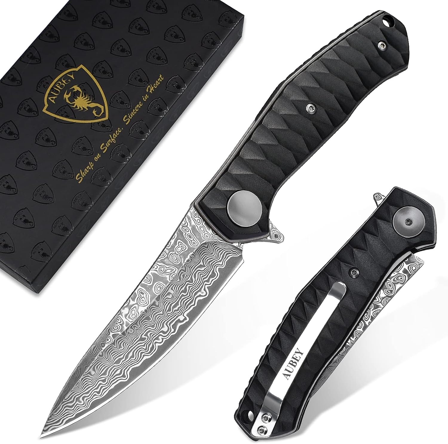 AUBEY Damascus Pocket Knife for Men with Clip EDC - Sharp Blade