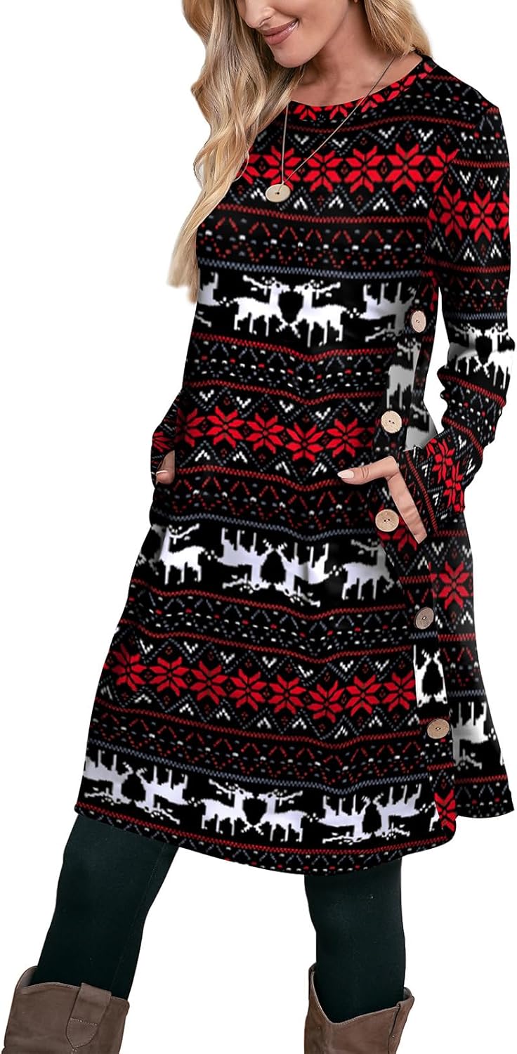 OFEEFAN Long Sleeve Dress for Women with Pockets and Buttons
