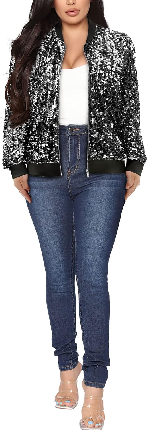 Womens Long Sleeve Sequin Open Front Zipper Jacket Review