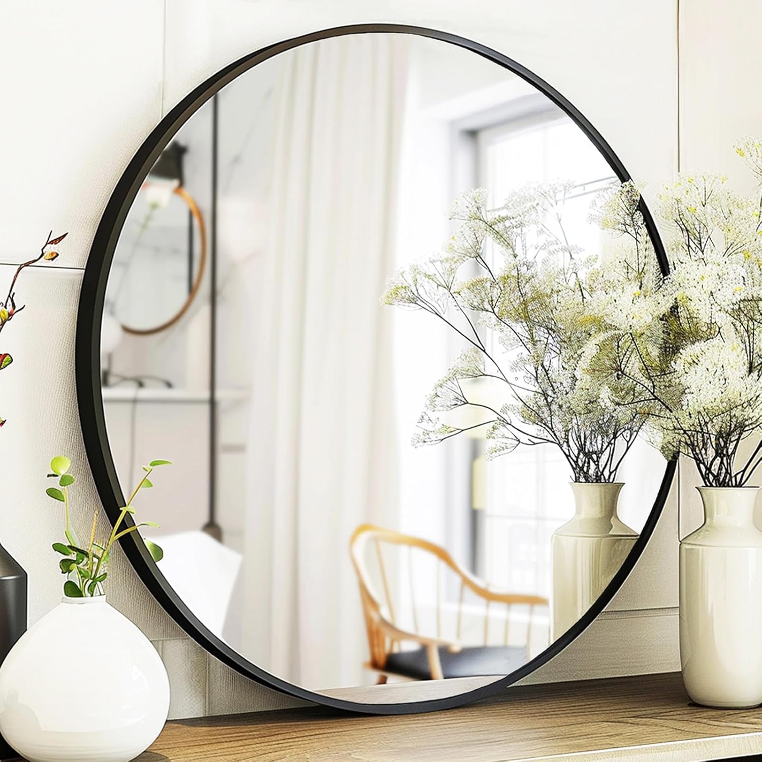 Black Round Mirror 24 inch with Metal Frame for Any Room