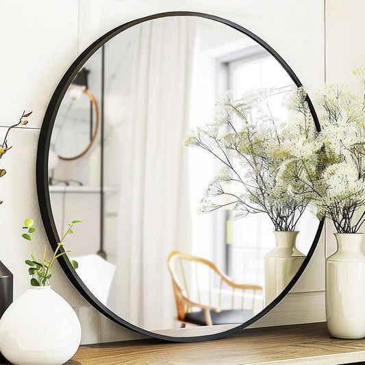 Black Round Mirror 24 inch with Metal Frame for Any Room