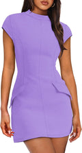 OFEEFAN Womens Summer Dress Mock Neck Short Sleeve Bodycon Mini soft