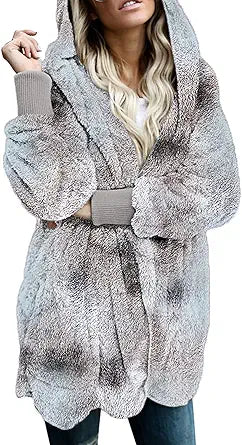 Dokotoo Womens Fuzzy Fleece Open Front Hooded Cardigan Jacket