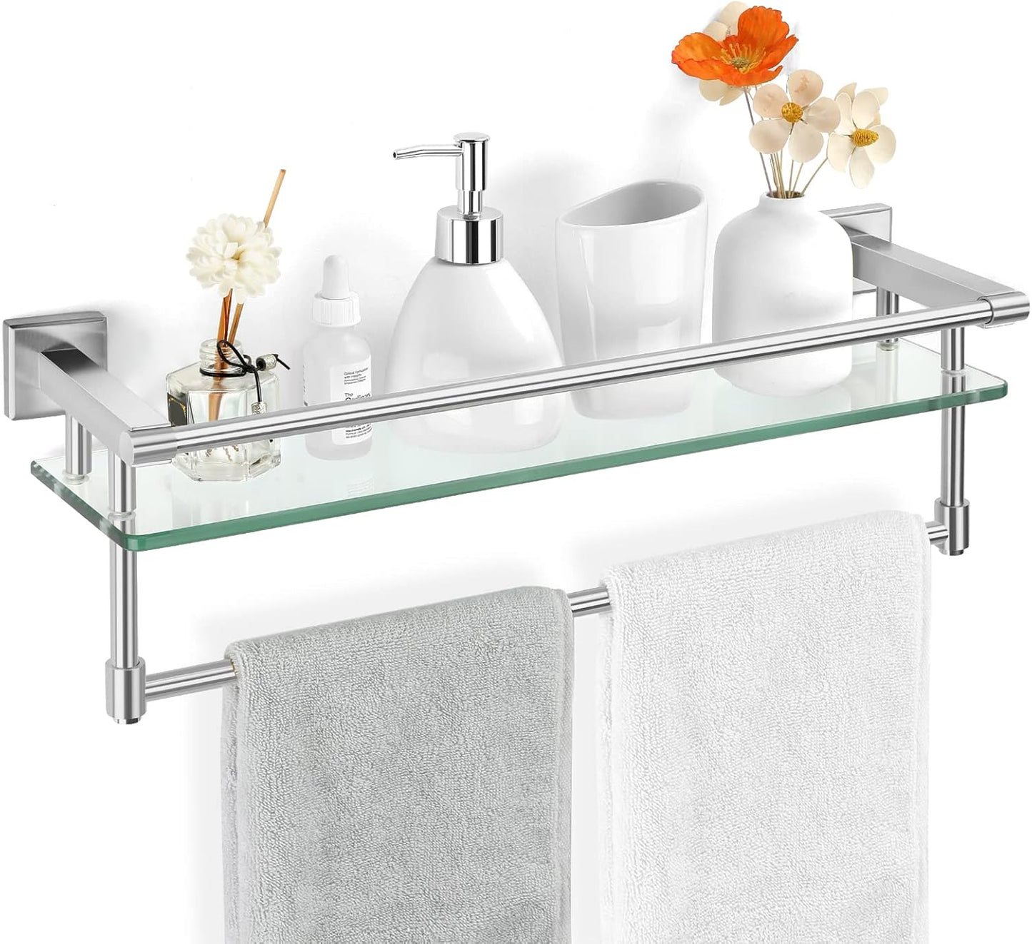 Glass Bathroom Shelf with Towel Bar for Space-Saving Storage