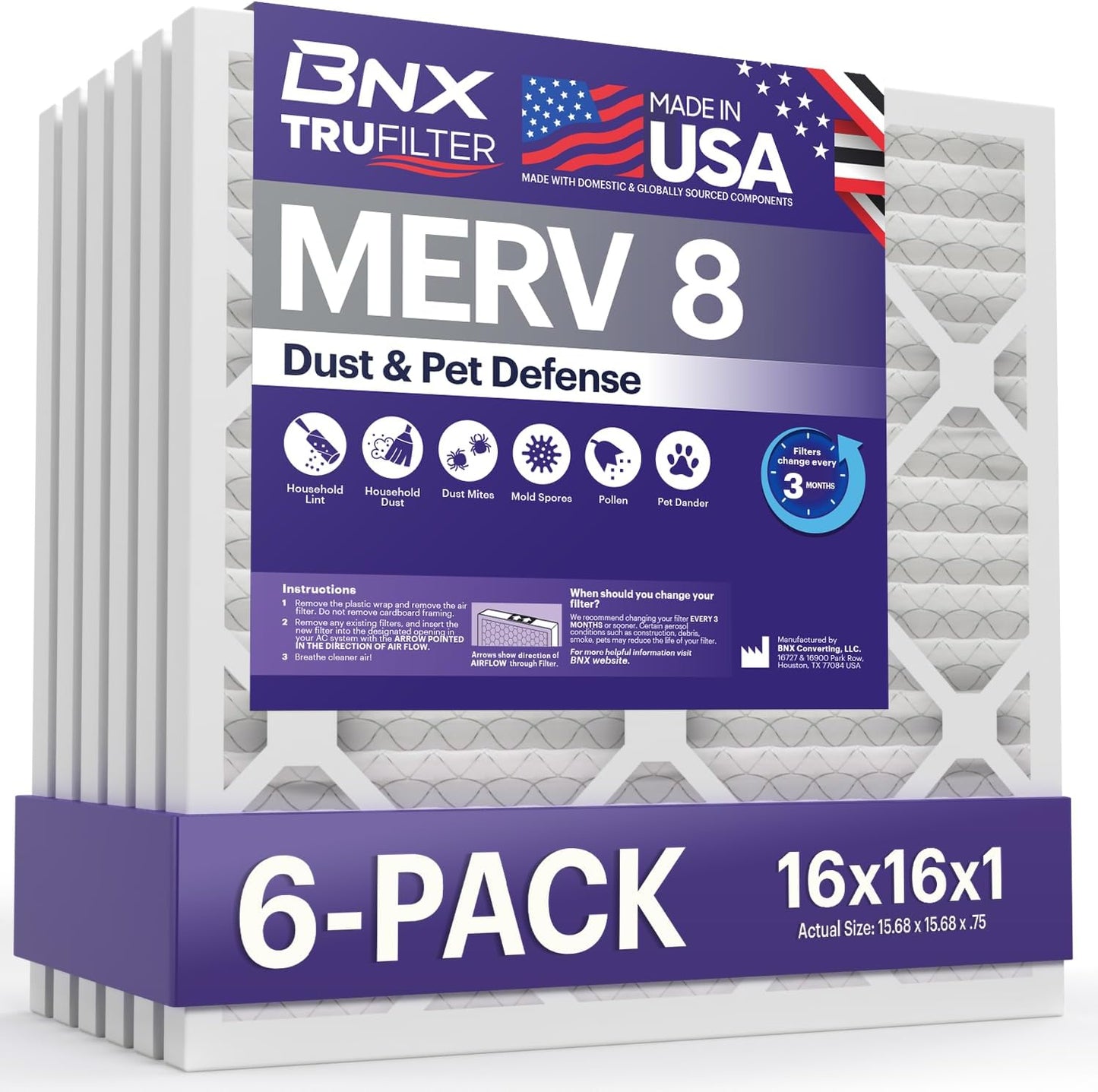 BNX TruFilter 16x16x1 MERV 8 Air Filter for Cleaner Air