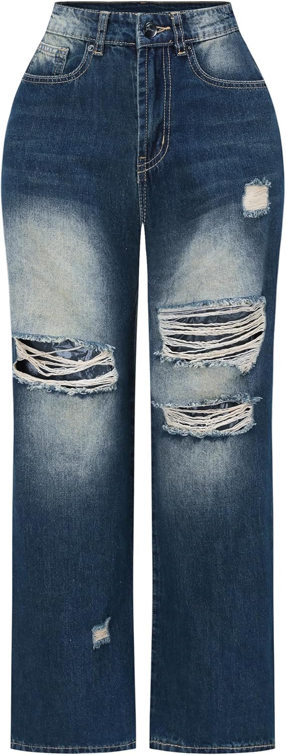 High Waisted Wide Leg Jeans for Women - Distressed Denim Style