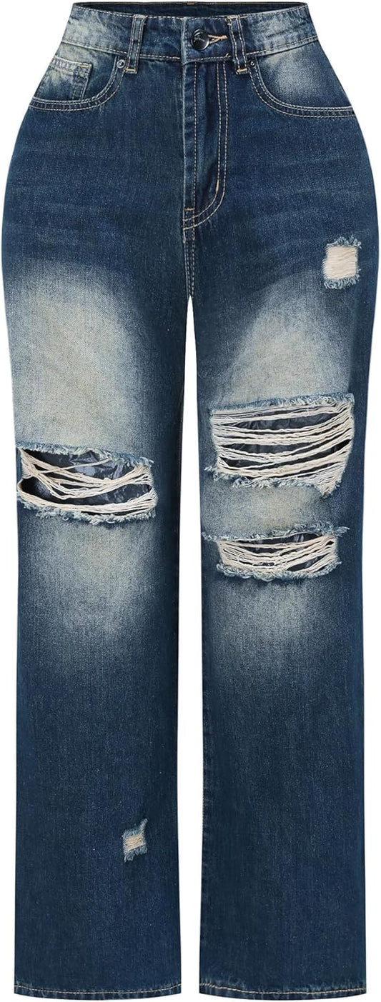 High Waisted Wide Leg Jeans for Women - Distressed Denim Style
