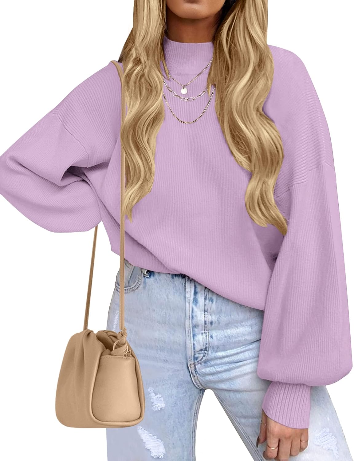 ZESICA Women's Casual Turtleneck Lantern Sleeve Sweater Top