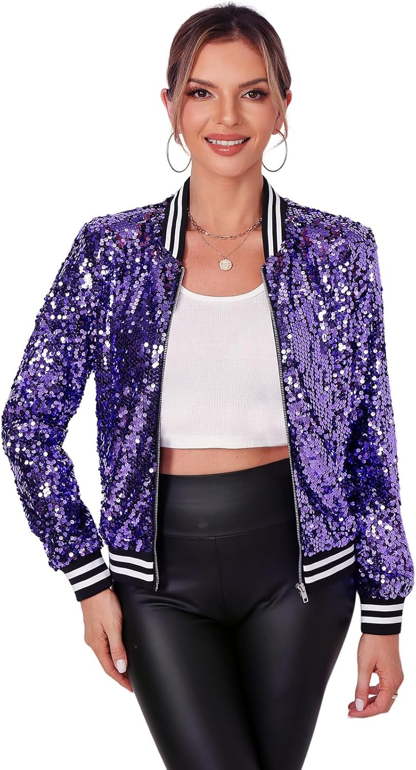 Womens Long Sleeve Sequin Open Front Zipper Jacket for Style