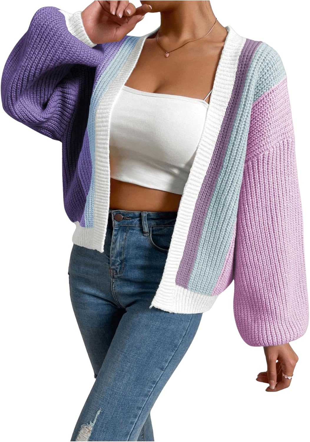 SHENHE Women's Color Block Open Front Long Sleeve Cardigan