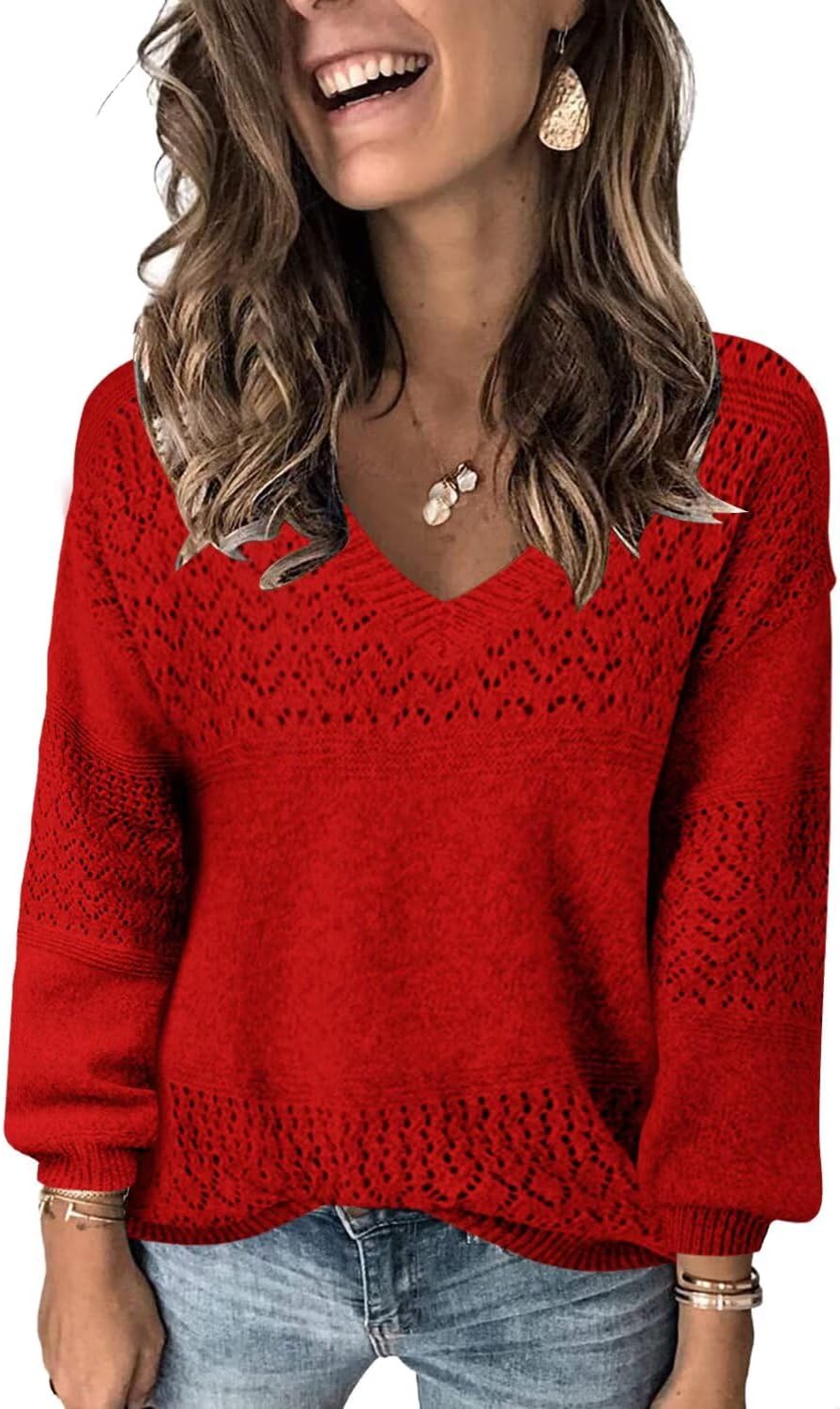 FEKOAFE Womens V Neck Long Sleeve Hollow Knit Pullover Sweater