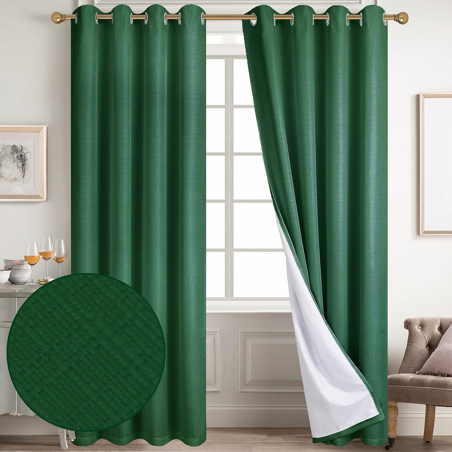 Diraysid 100% Blackout Curtains for Bedroom - Dark Green Linen