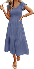 Women's Flutter Sleeve Smocked Midi Dress V Neck - Comfortable Fit