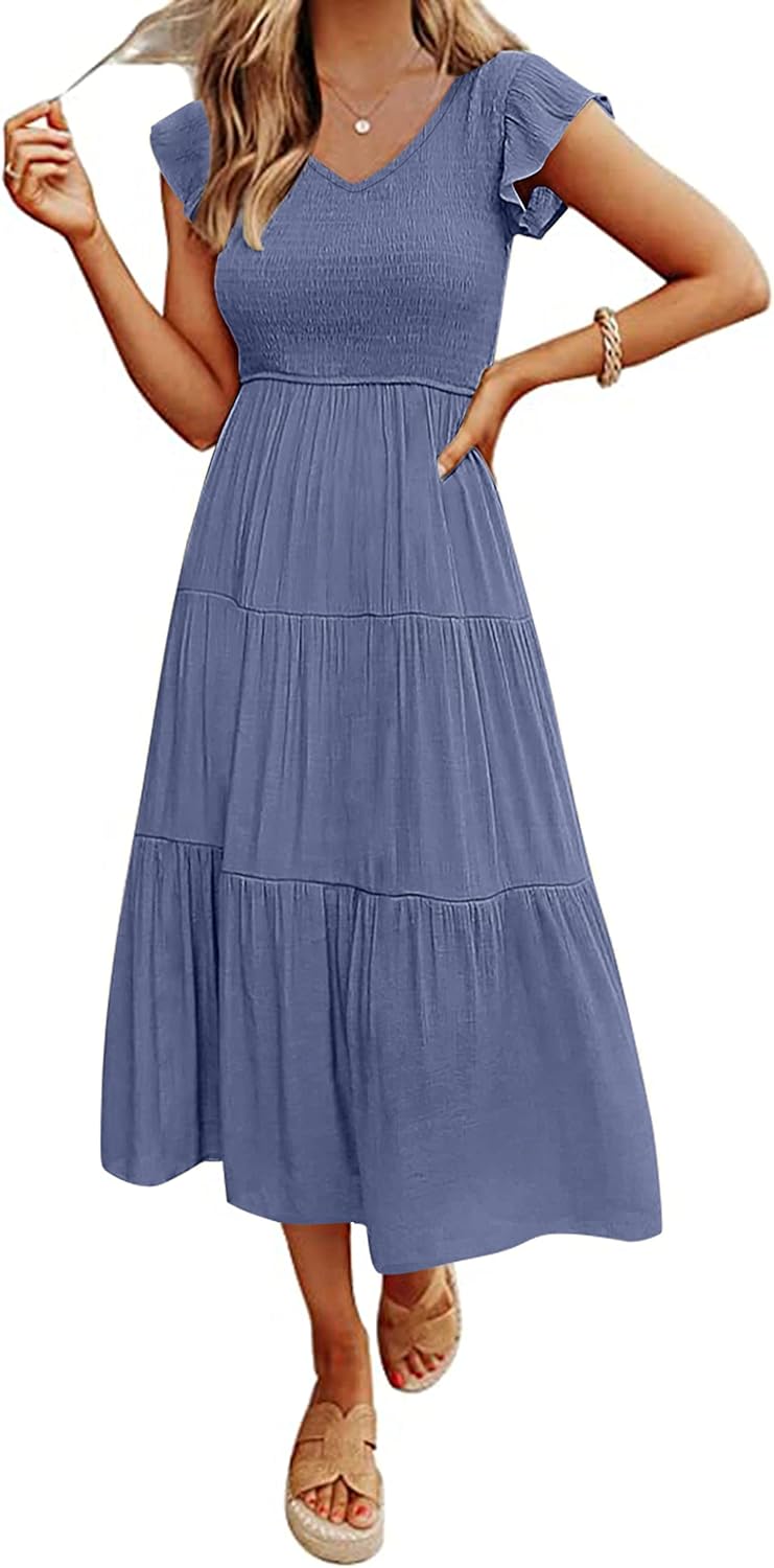 MEROKEETY Women's Flutter Sleeve Midi Dress with Pockets