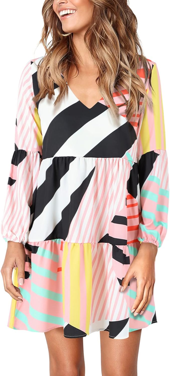 Amoretu Womens Tunic Dress Long Sleeve V Neck Casual Style