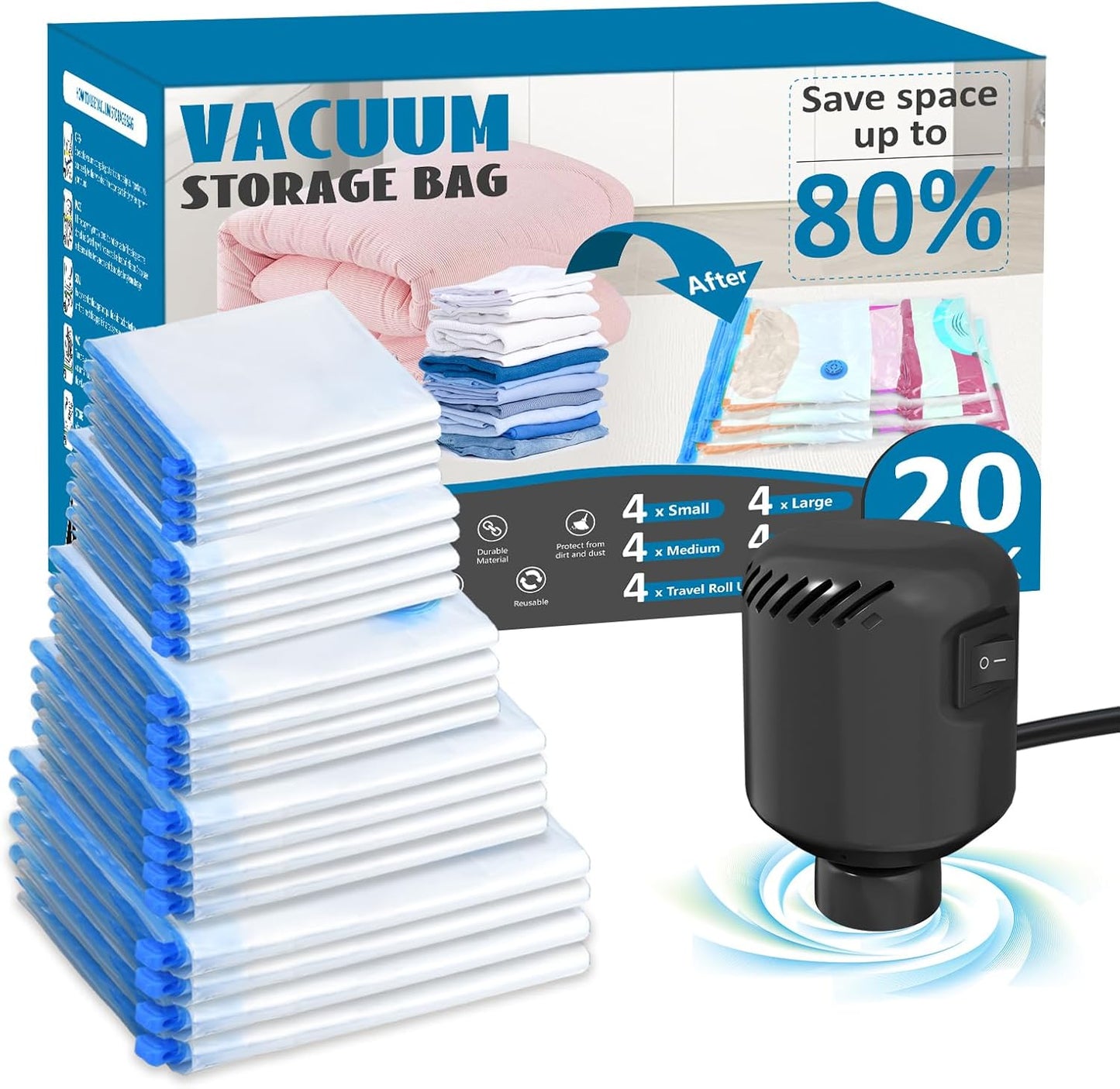 20 Pack Vacuum Seal Bags for Clothing with Electric Air Pump
