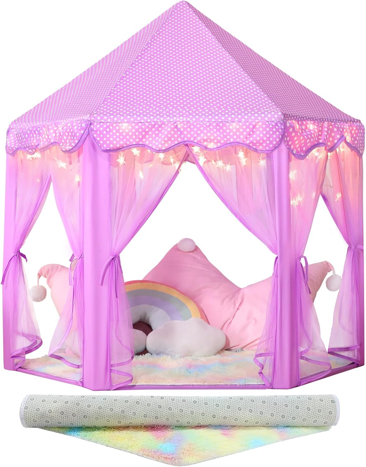 Princess Tent for Girls Indoor with Rainbow Rug and Star Lights