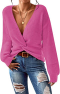 Pink Queen Women's Casual V Neck Twist Knot Cropped Sweater - Cozy