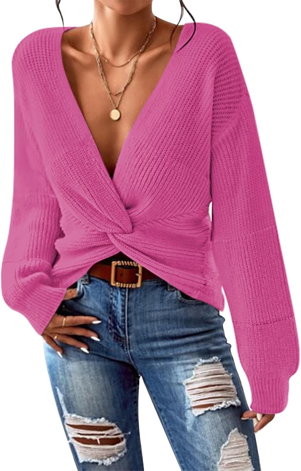 Pink Queen Women's Casual Pullover Sweater with Twist Knot Design