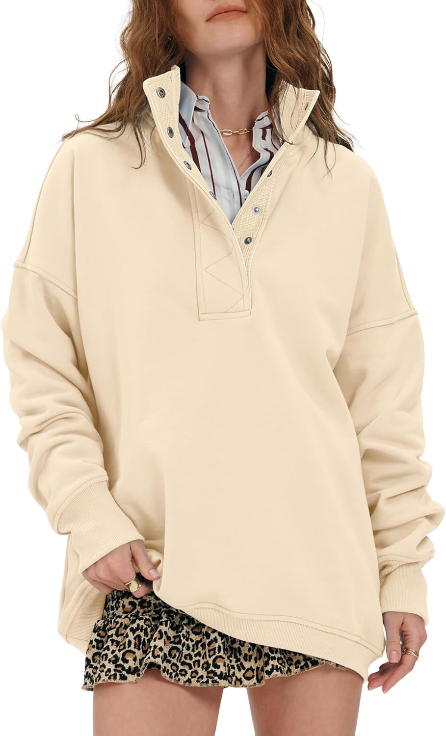 Locachy Womens Casual Button Henley Neck Cotton Oversized Sweatshirt