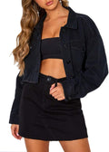 Women's Oversized Denim Jacket - Cropped Black Raw Hem