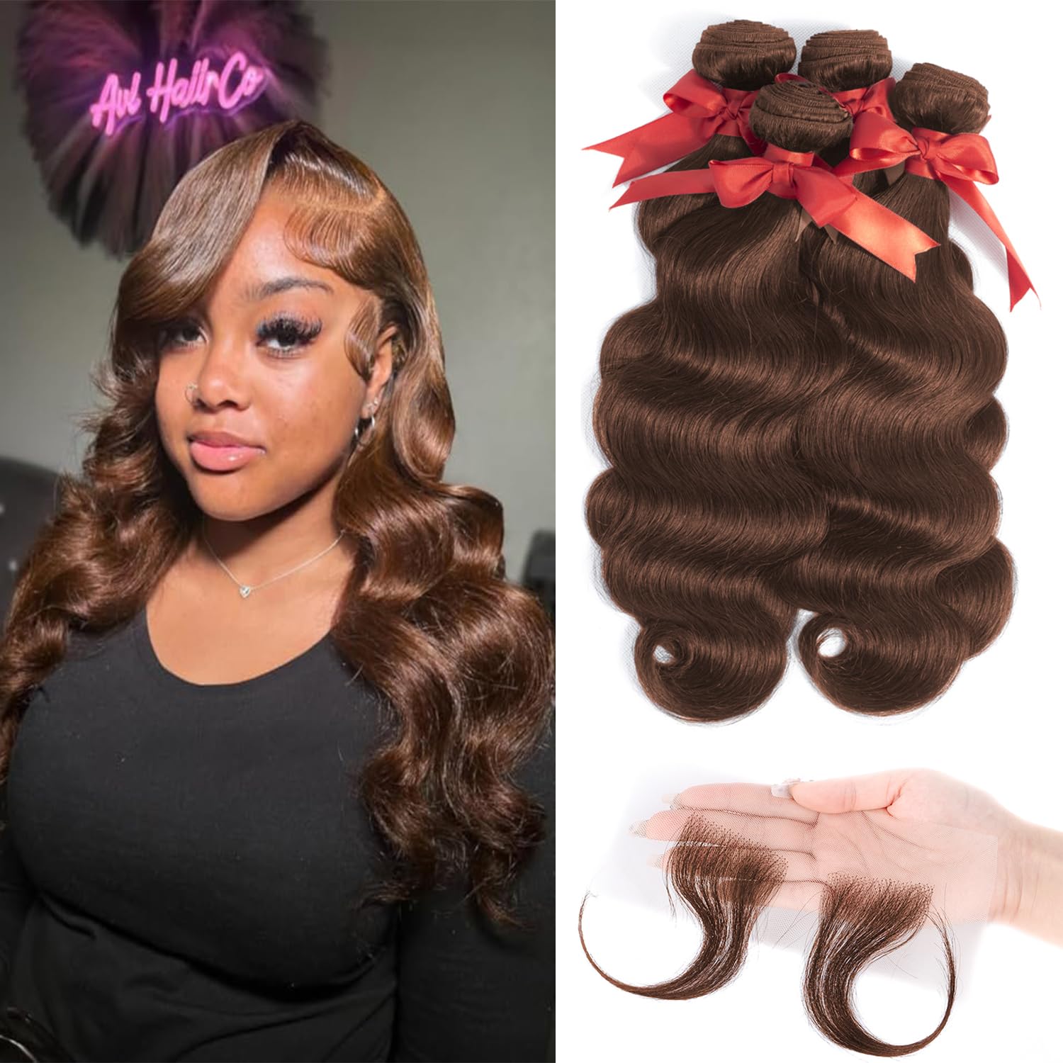 Chocolate Brown Body Wave Human Hair Bundles with Edges Stripes