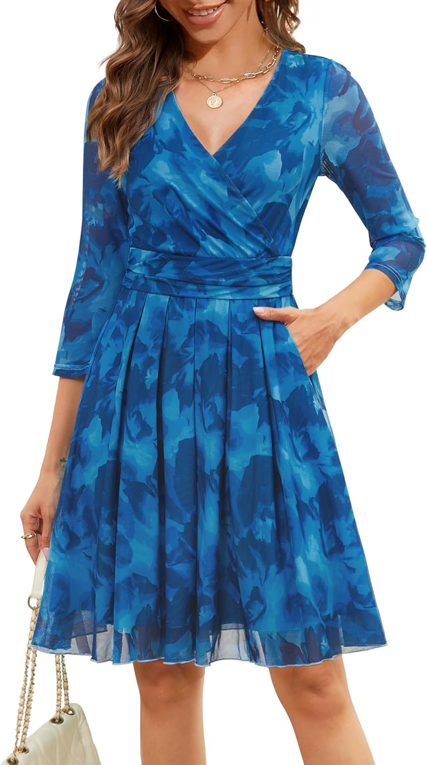 Zattcas Womens Wrap V Neck 3/4 Sleeve Cocktail Dress with Pockets