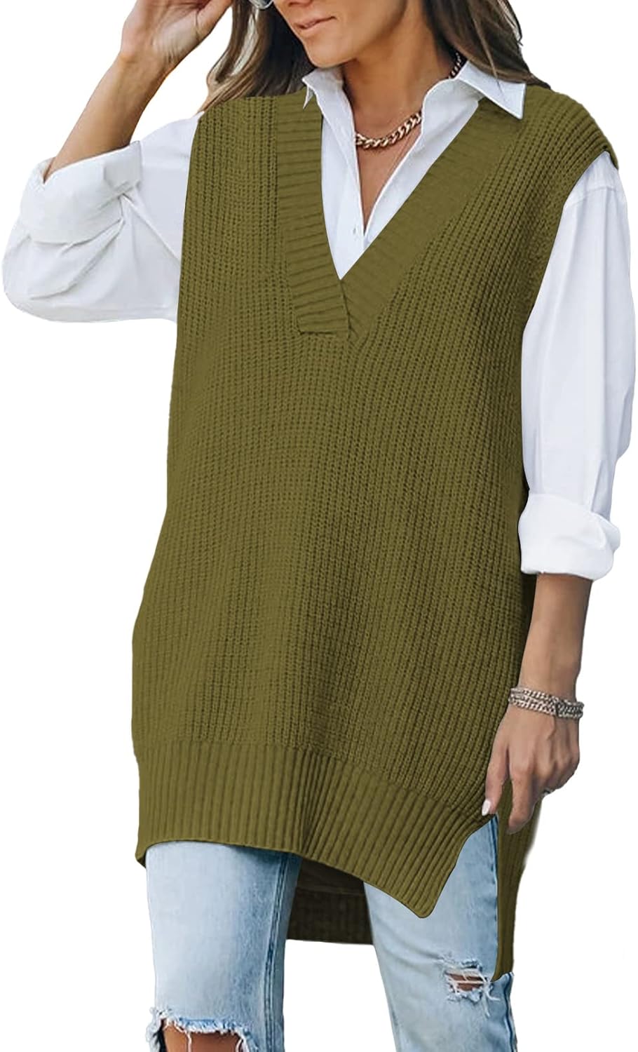 Viottiset Women's Oversized V Neck Knit Sweater Vest Tunic