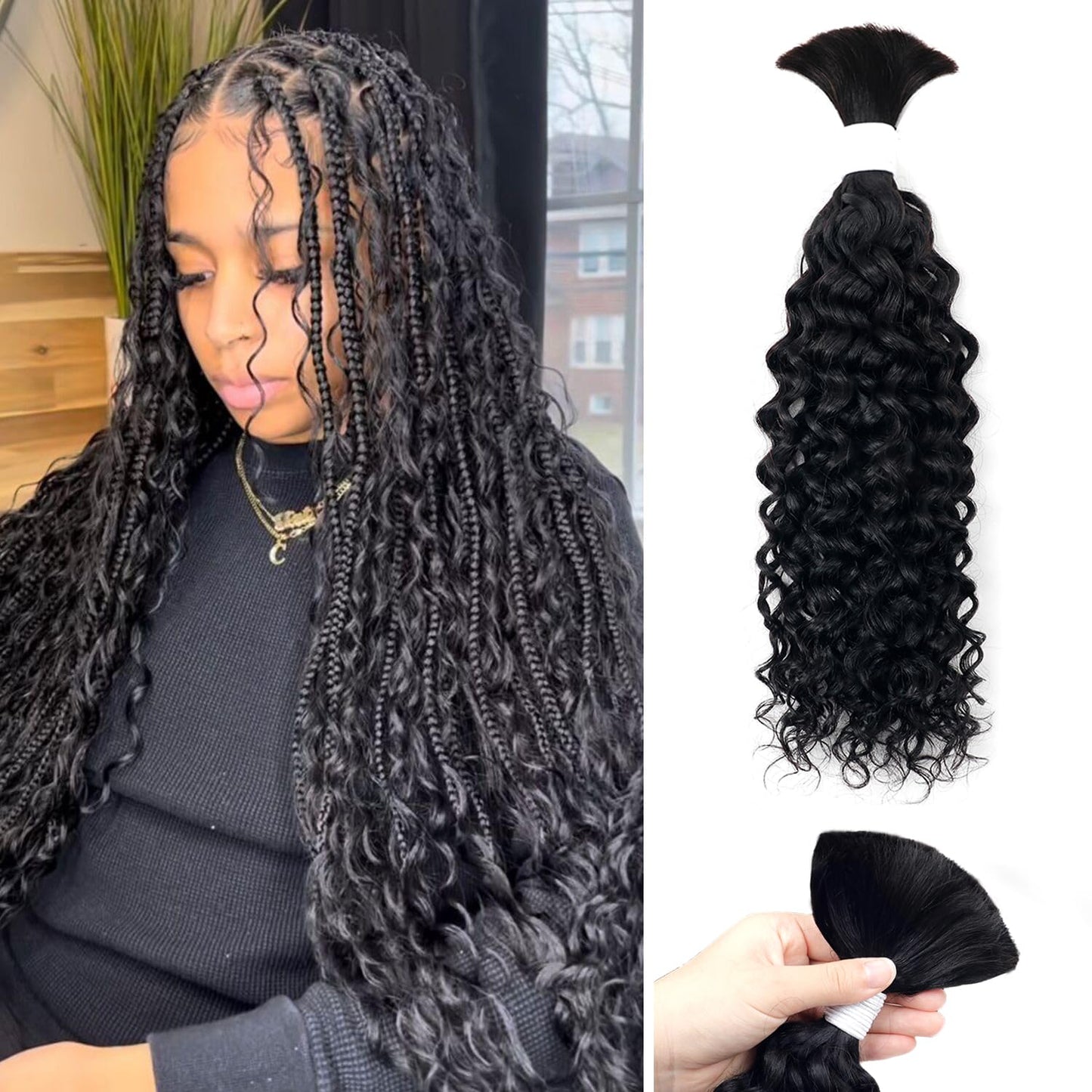 Natural Black Water Wave Curly Human Braiding Hair 20 Inch