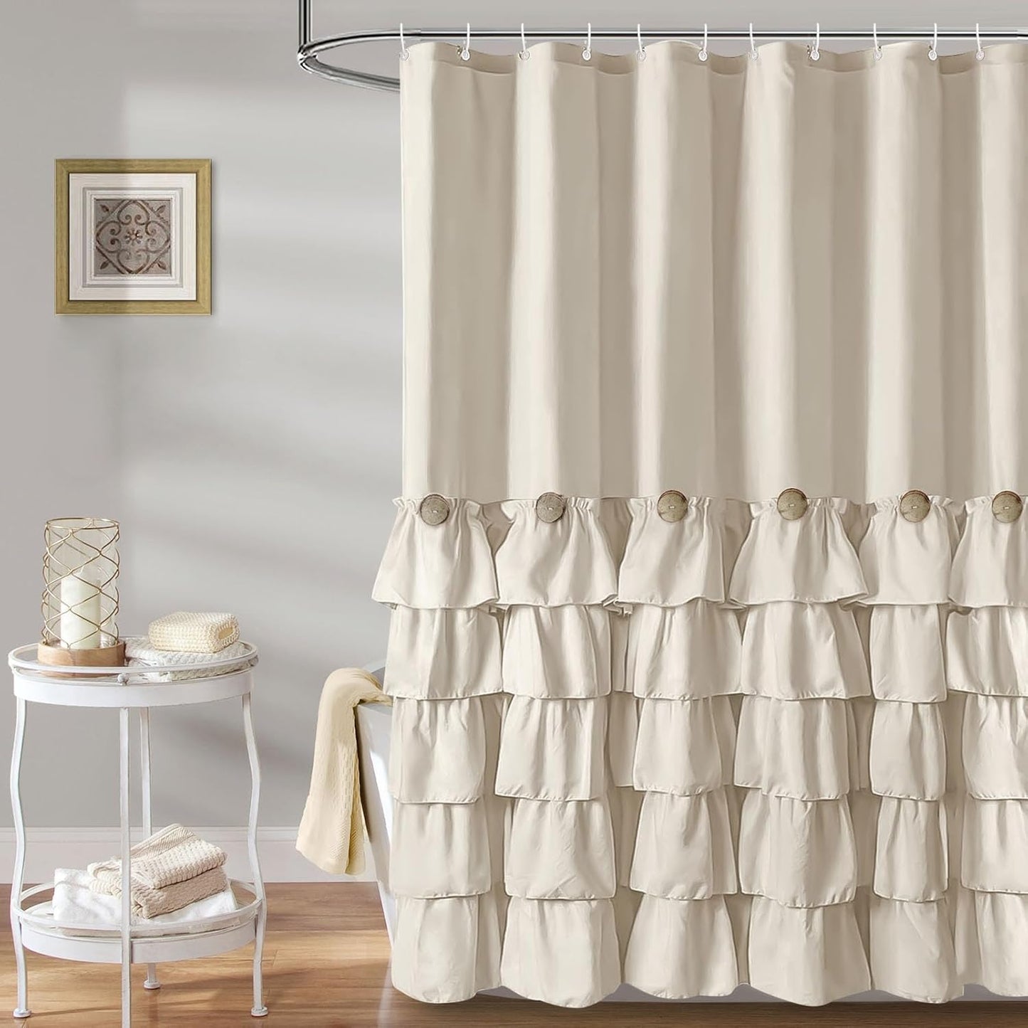Beige Ruffle Shower Curtain for Rustic Farmhouse Style Decor