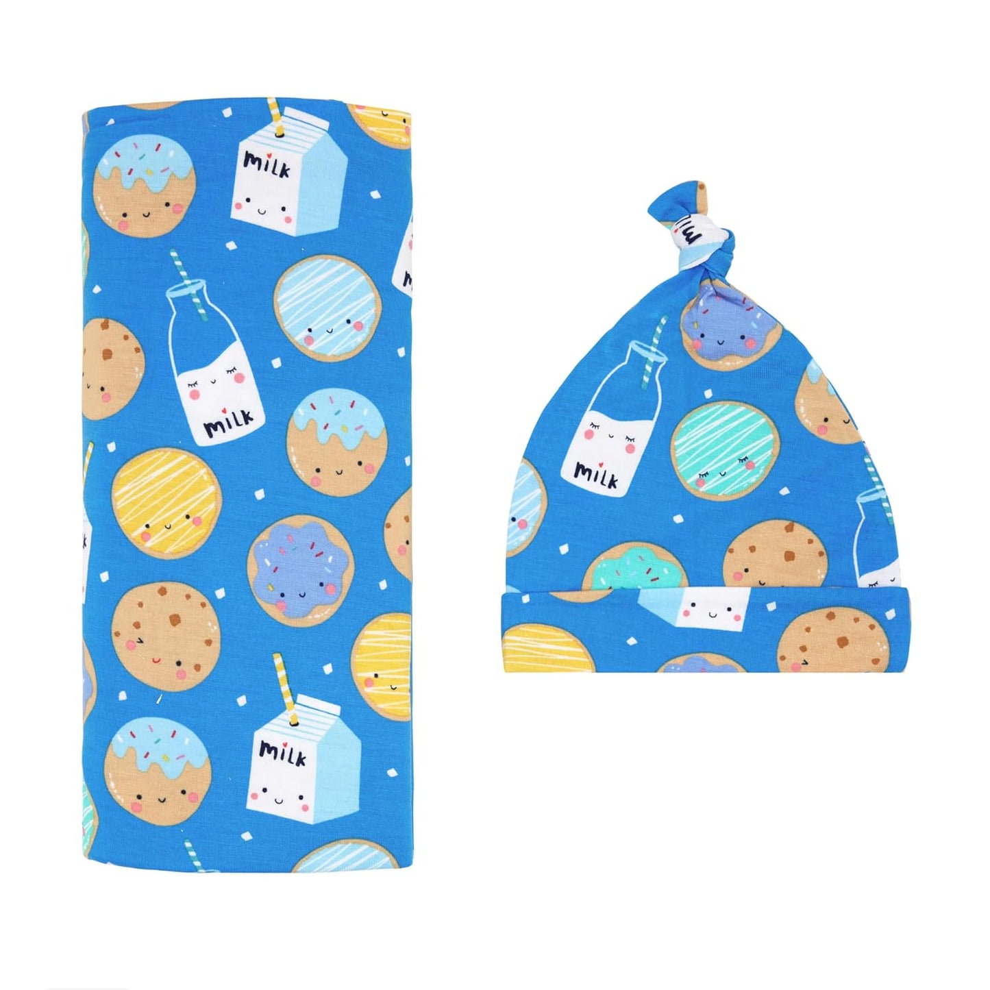 Little Sleepies Swaddle & Hat Set for Newborns in Blue Cookies