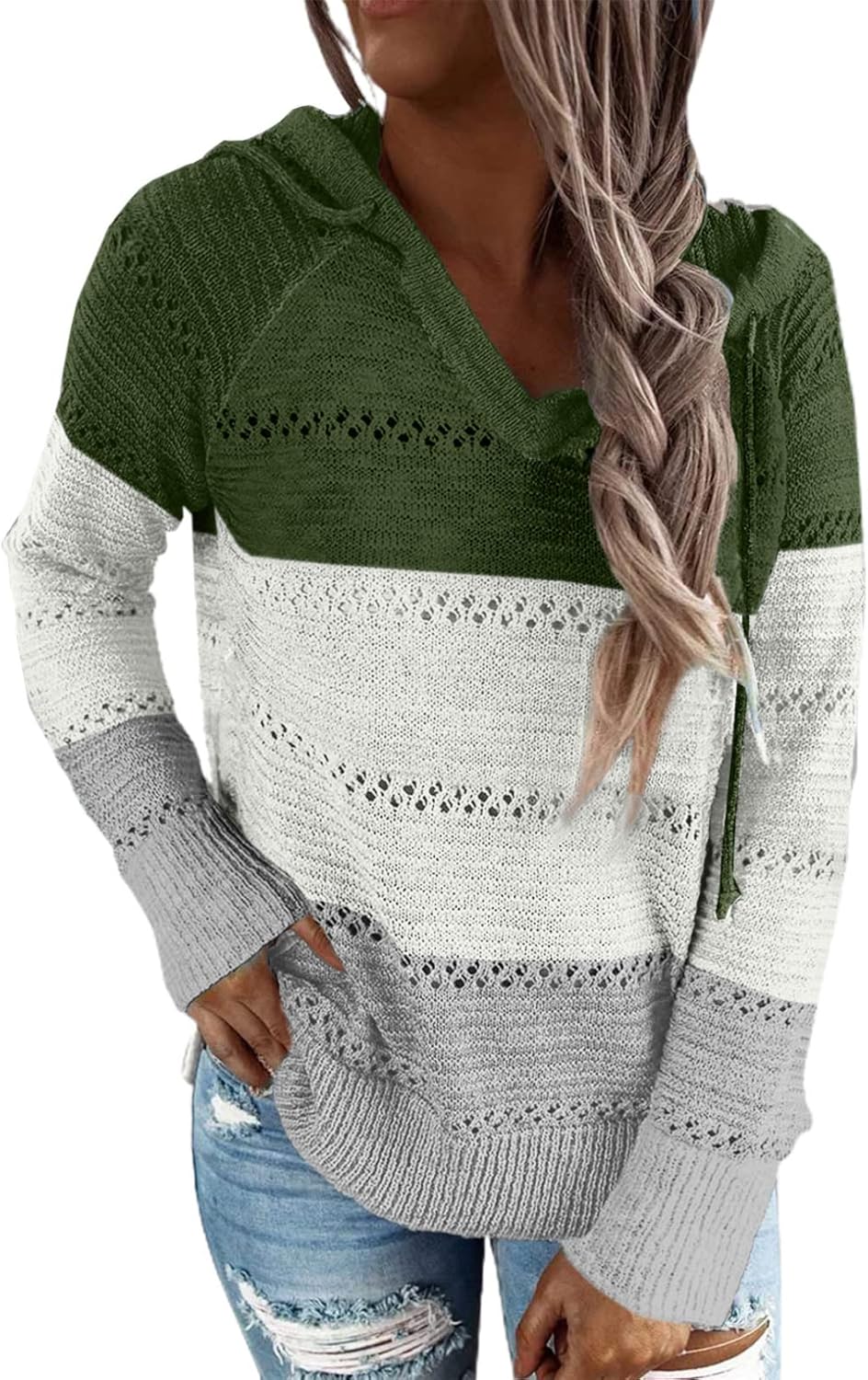BLENCOT Women Color Block Hooded Crochet Striped Sweater Review